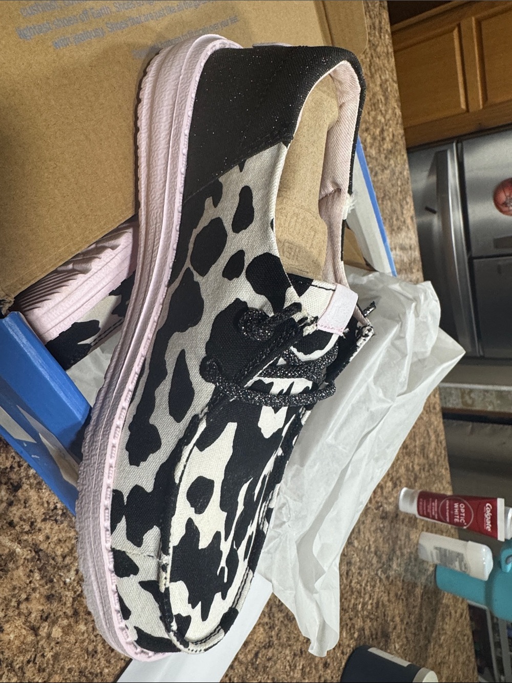 Cow Print Canvas Sneakers with Pink Soles - Picture 2 of 4